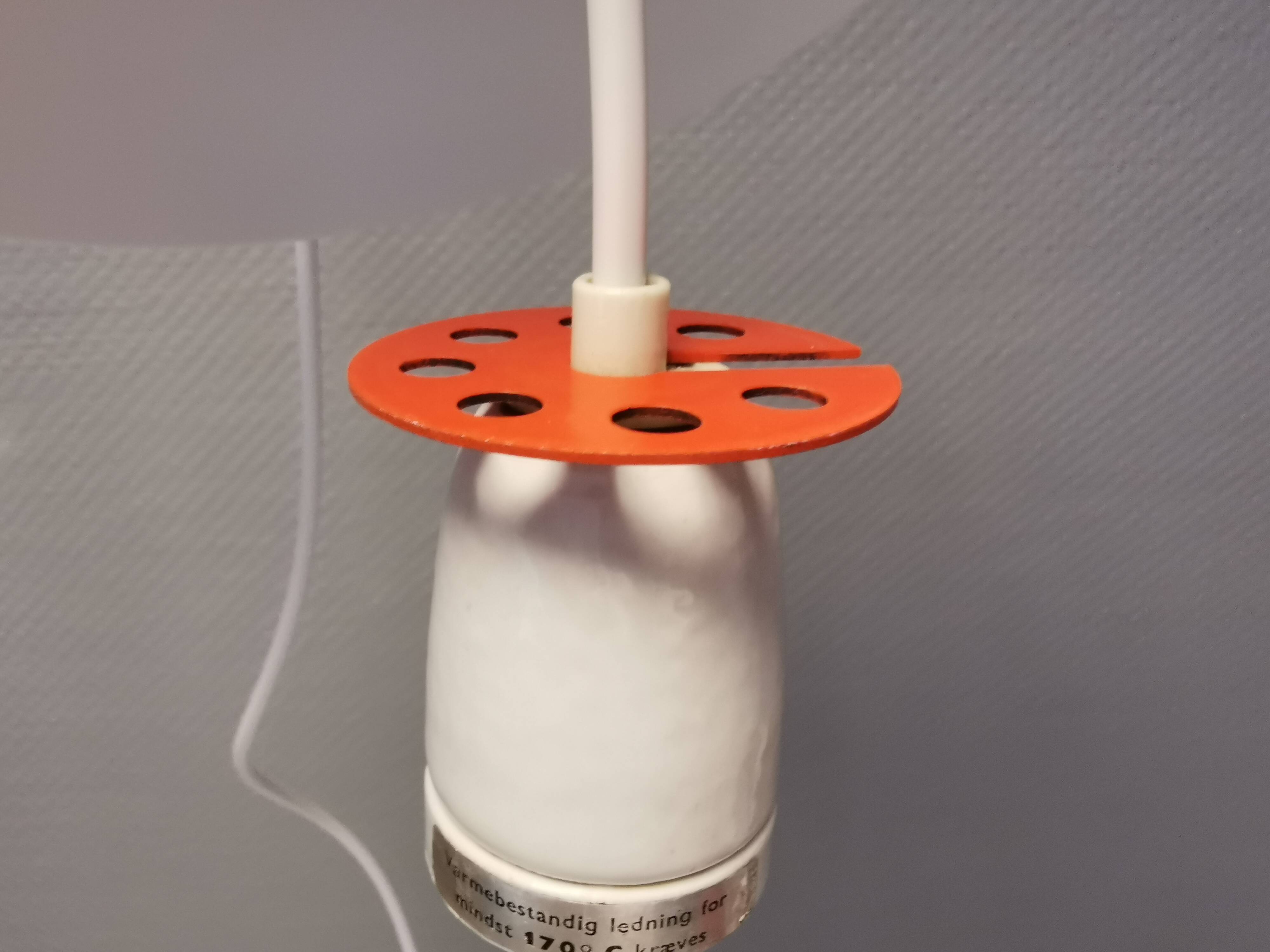 Beautiful older PH 4/3 hanging lamp, in white, with original orange suspension.