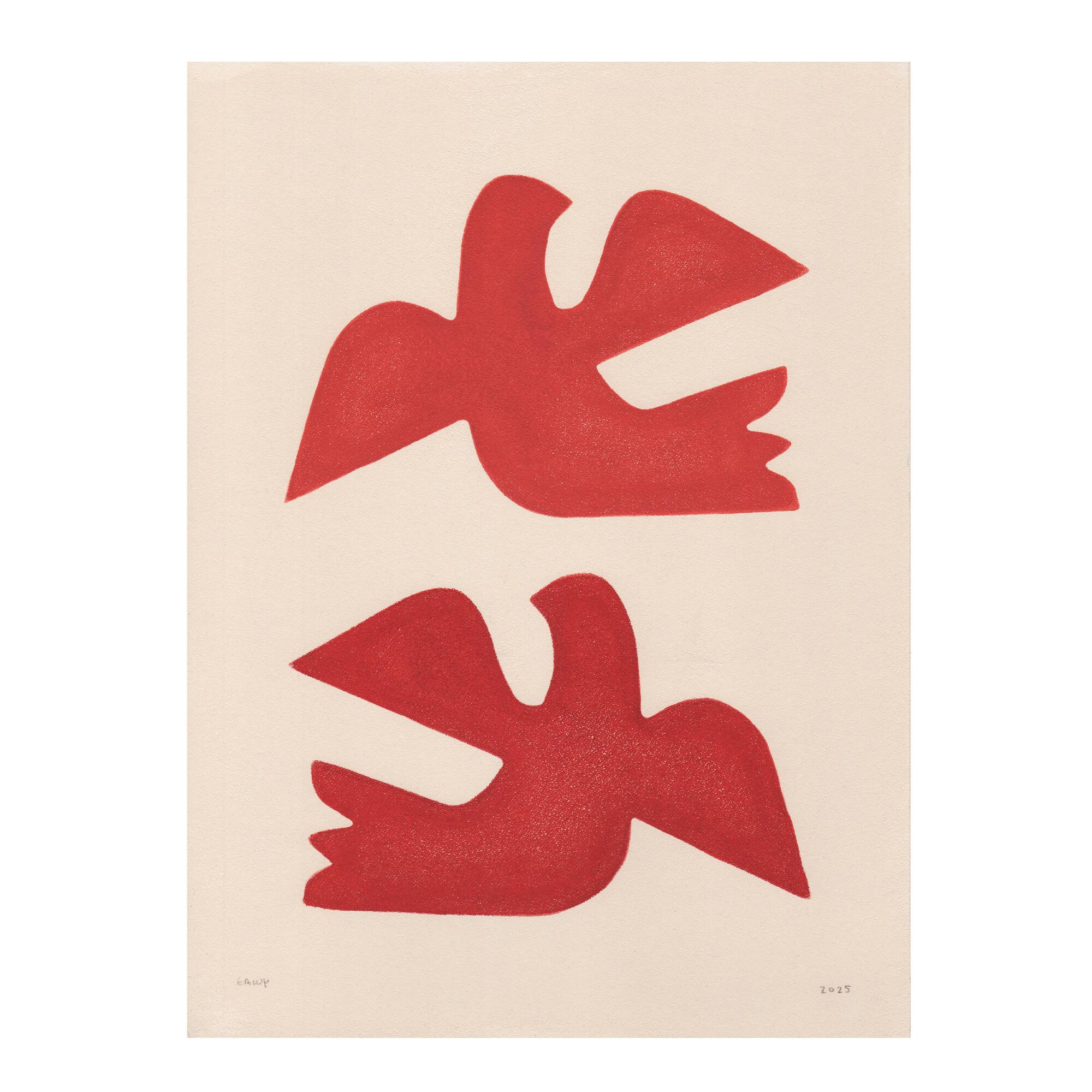 Painting of birds 30x40cm red on paper signed Eawy
