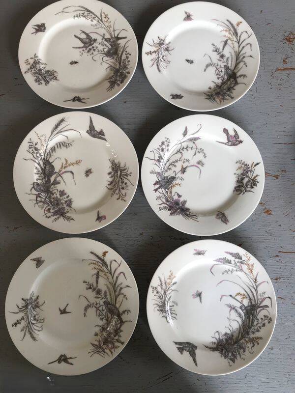 6 porcelain dessert plates with gold medals, exp 1867 1978, birds