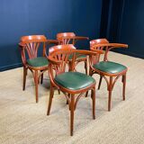 Set of 4 wooden bistro armchairs with green leatherette trim from the 80s, France