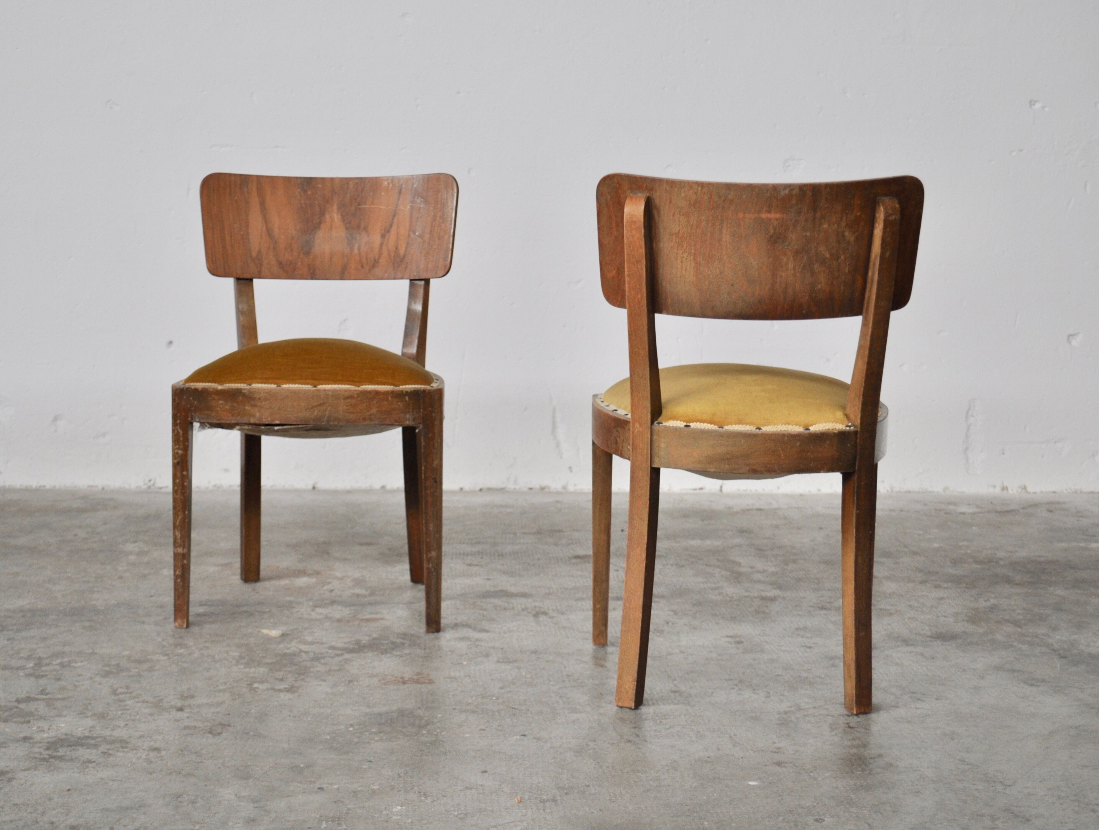 Vintage walnut chairs with studs & straps and springs in velvet, italy, 1920s, set of 2
