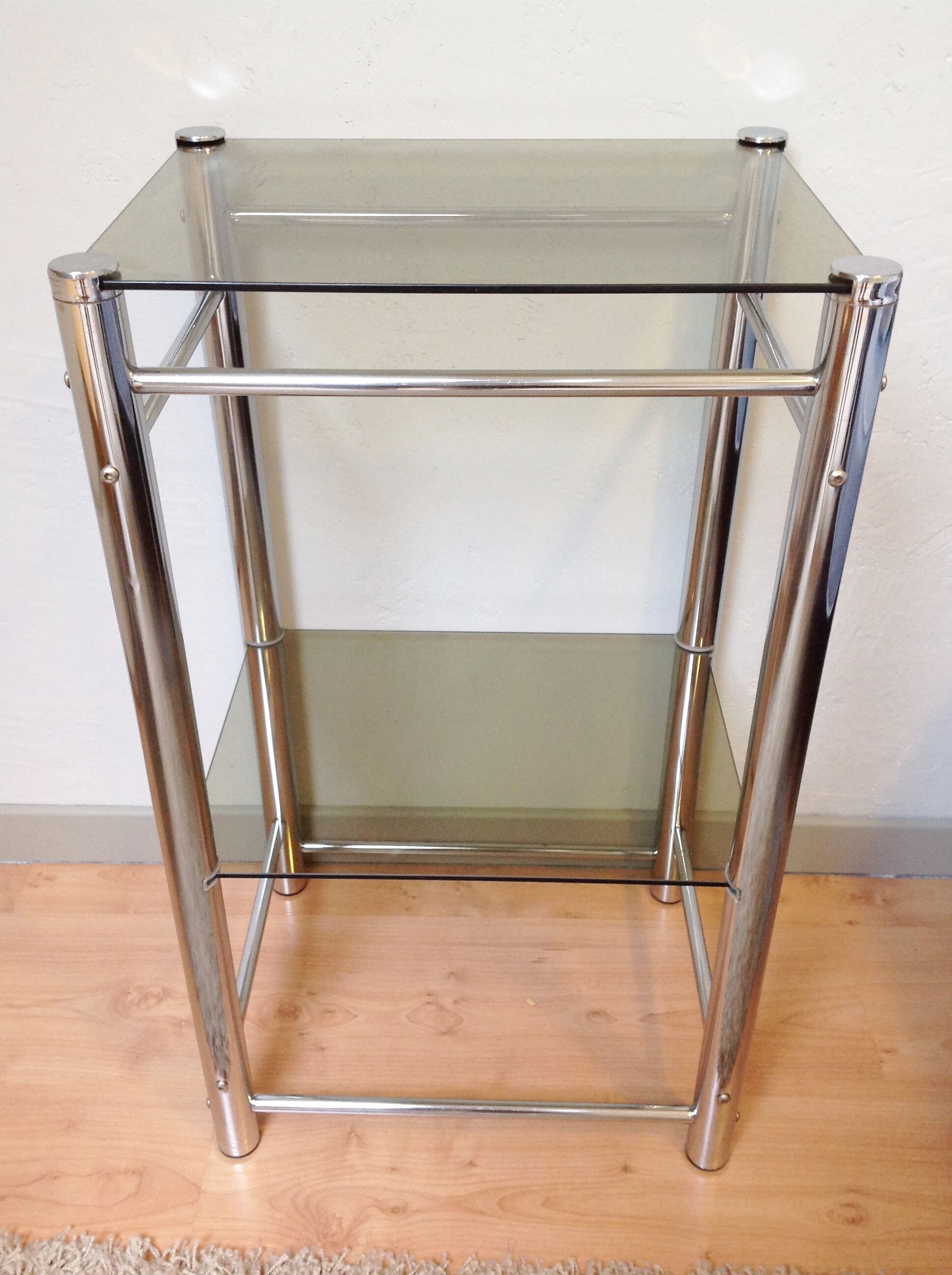 Two-tray console in smoked glass and chrome metal / vintage 70s-80s