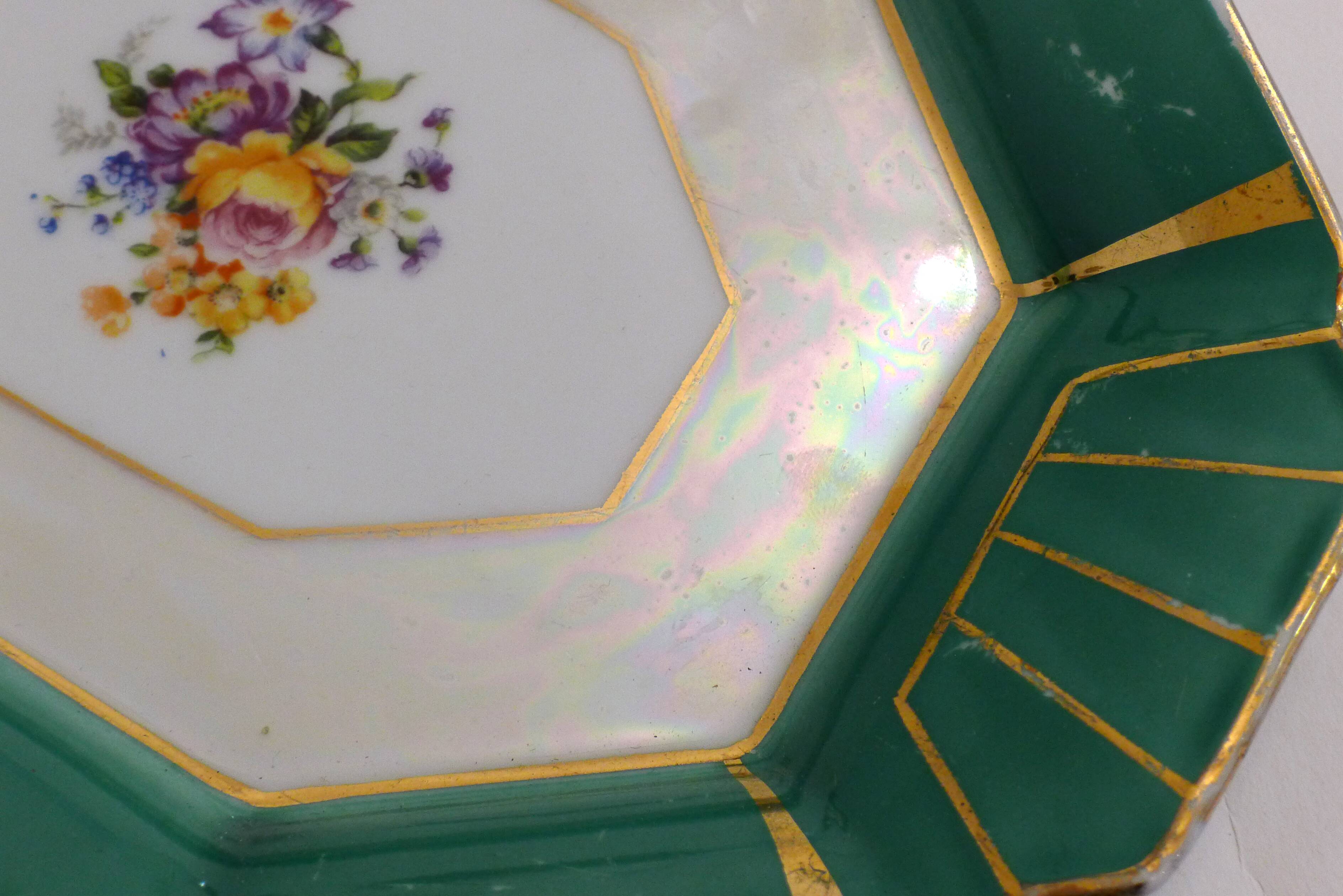 Art Deco floral iridescent cake dish in Limoges porcelain