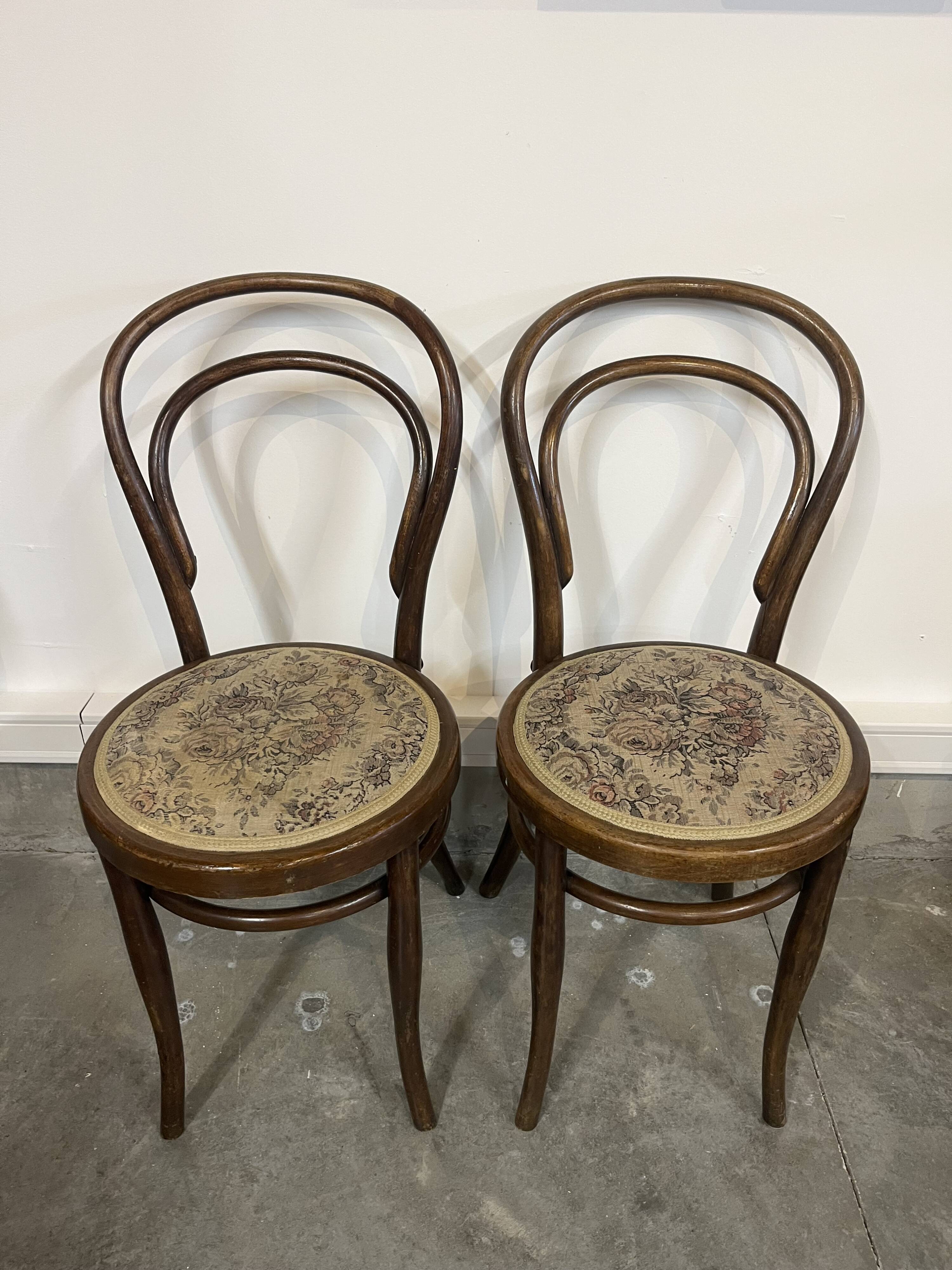 Pair of vintage bistro chairs – bentwood – floral upholstered seat