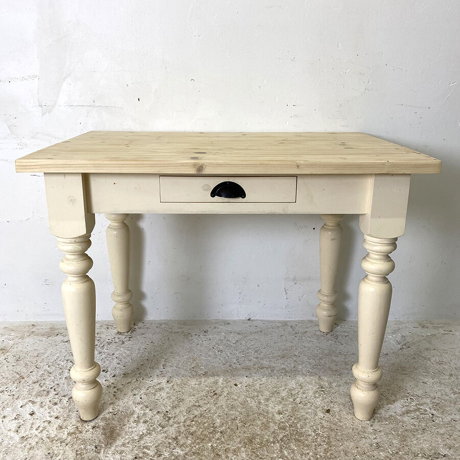 Table, legs light beige, top solid wood raw