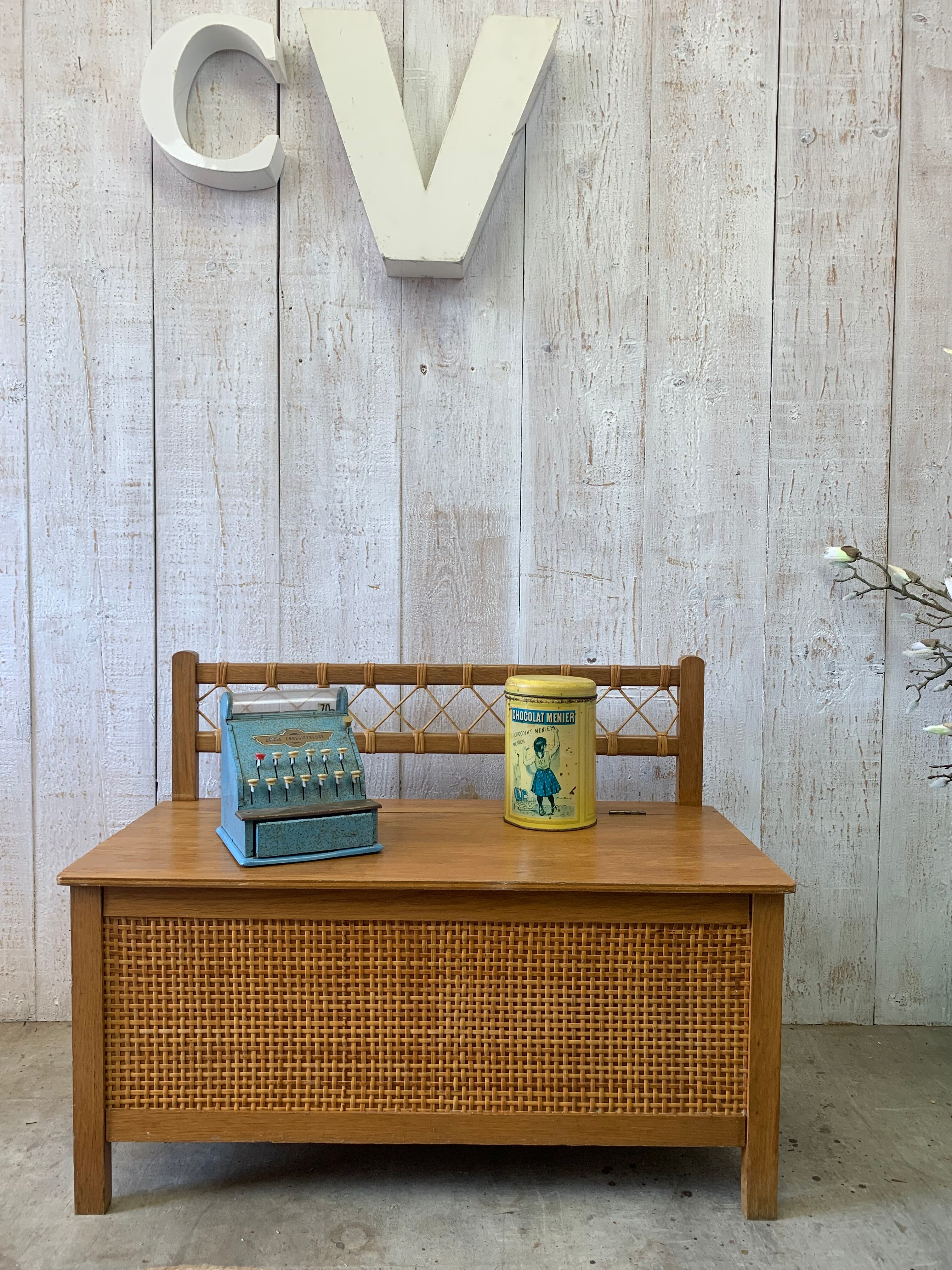 Vintage wood/rattan toy chest