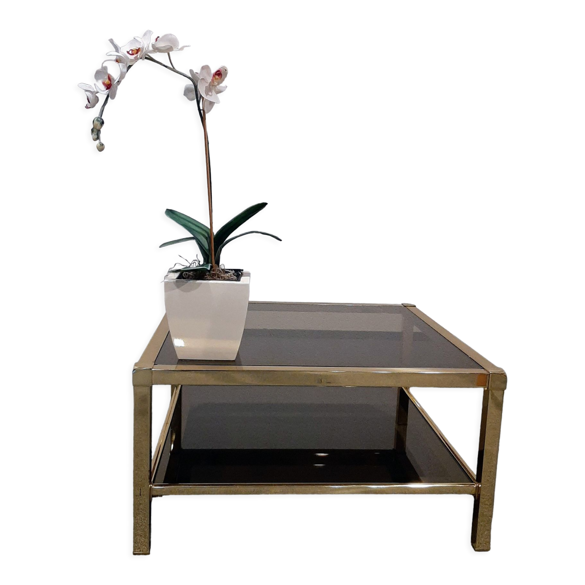 Vintage coffee table in smoked glass and brass 1970