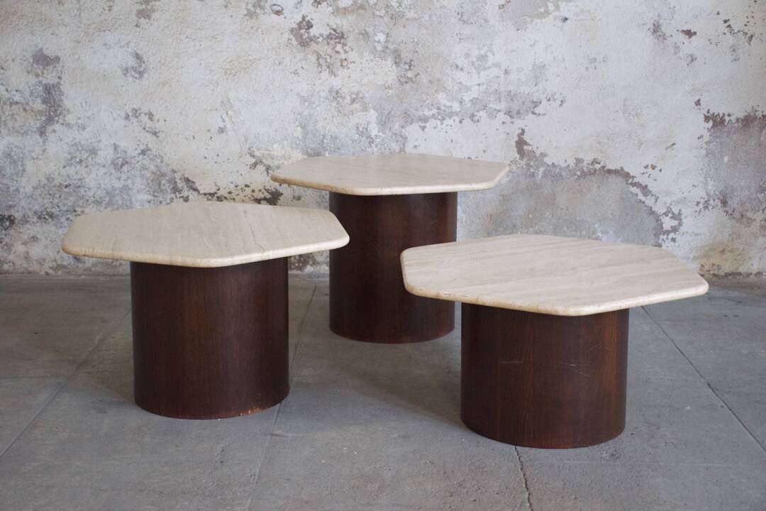 Three Gigogne Travertine coffee tables 1960