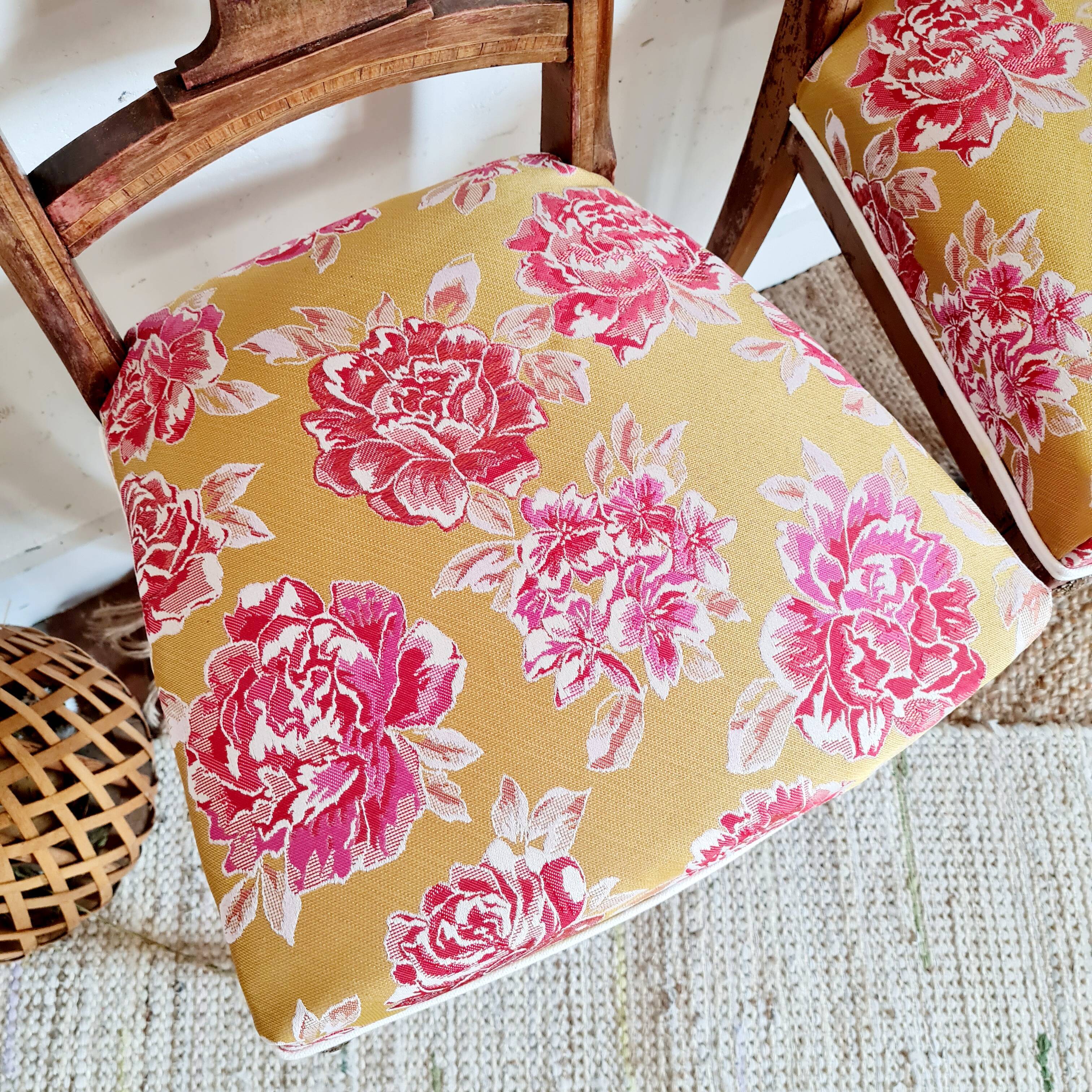 Duo of antique wooden chairs seated redone