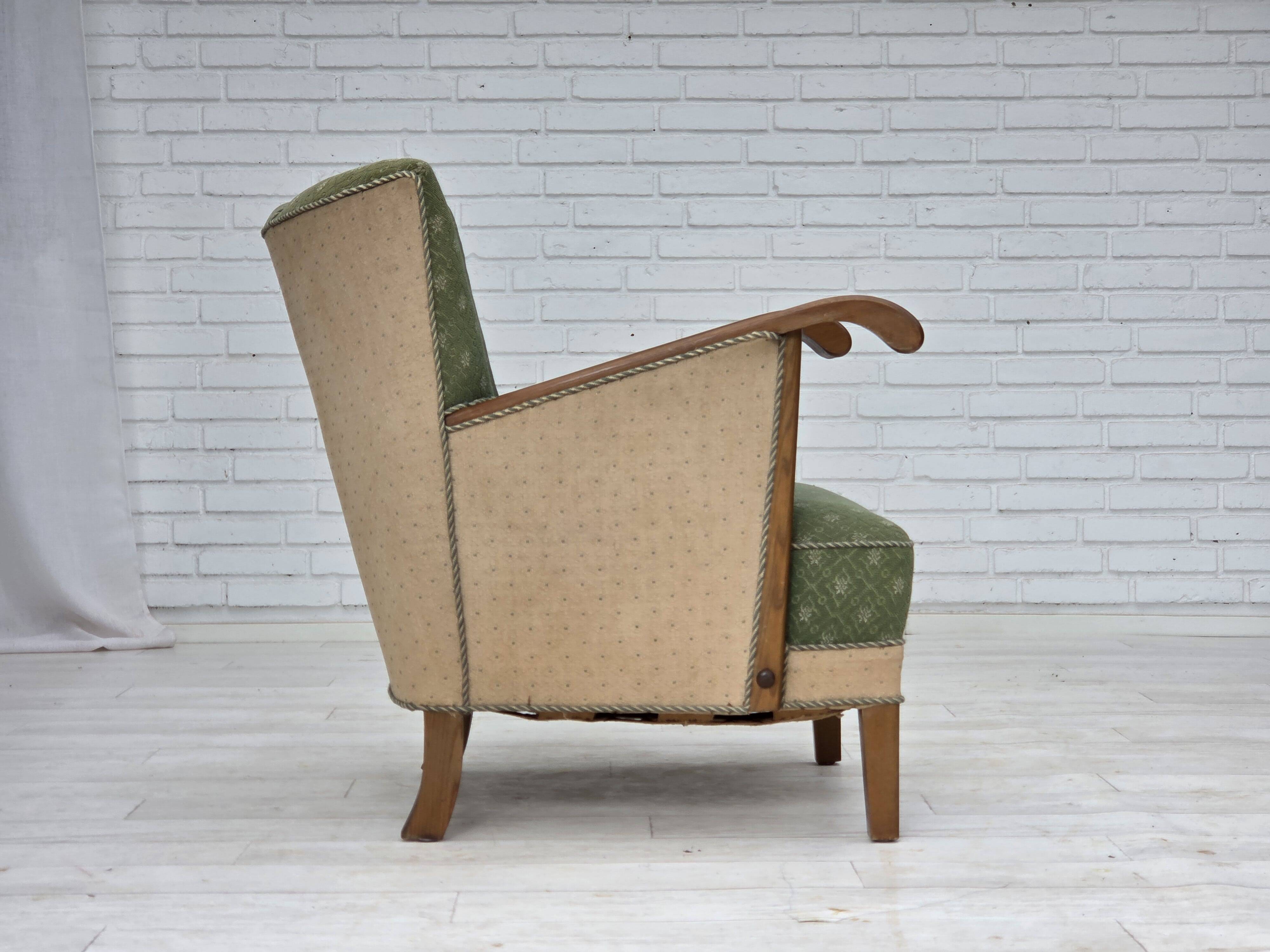 1950s, Danish armchair, original green/beige furniture wool, oak wood.