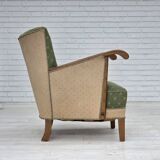 Fauteuil danois des années 1950, mobilier d'origine vert/beige en laine, bois de chêne.