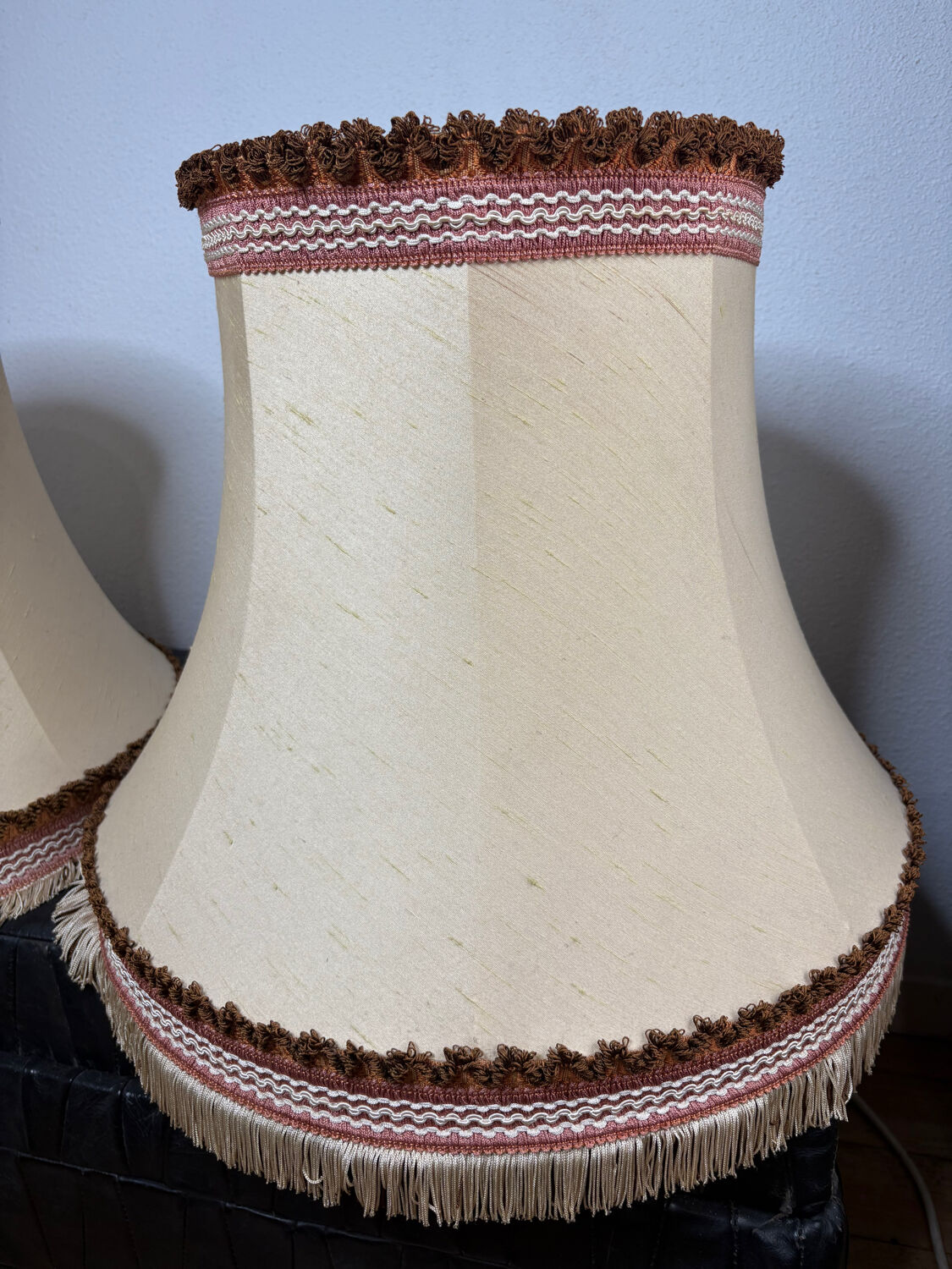 Pair of antique fabric lampshades with fringe