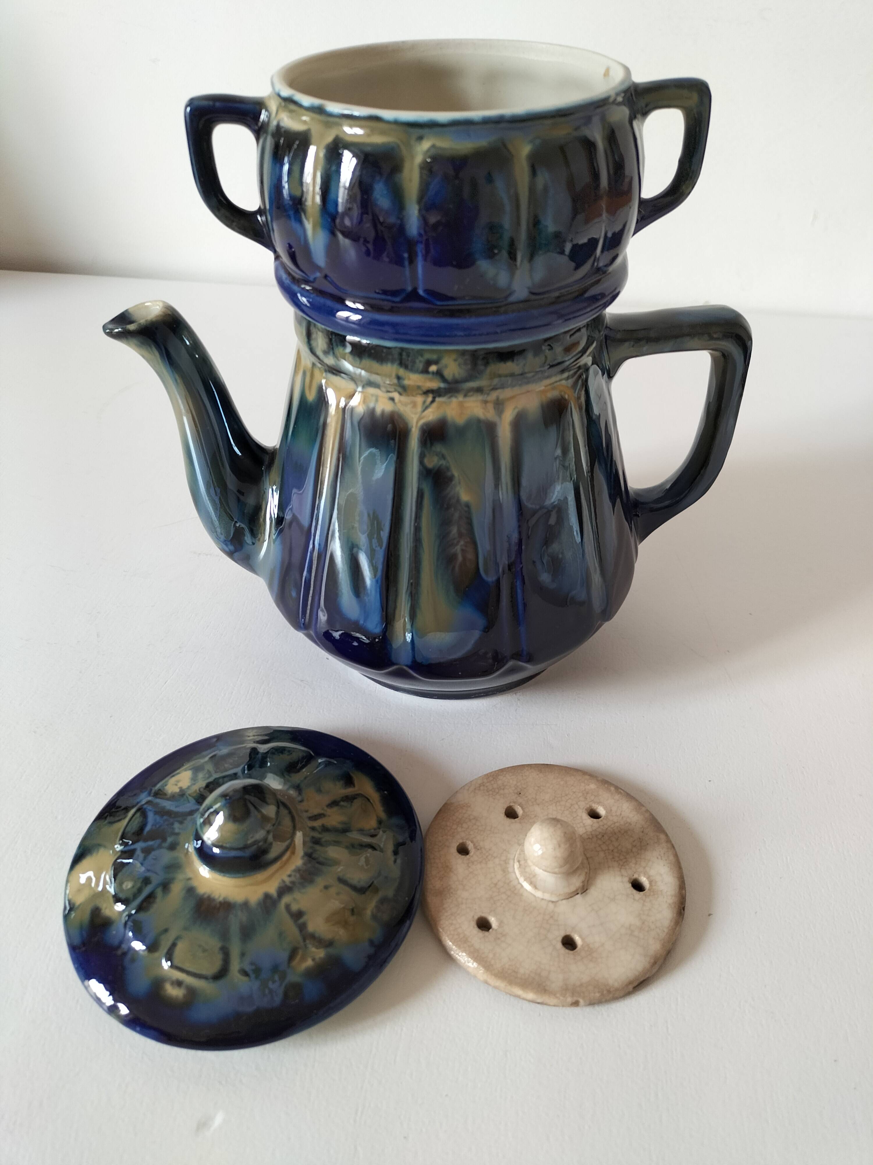 Midnight blue and flamed beige enameled ceramic filter coffee maker