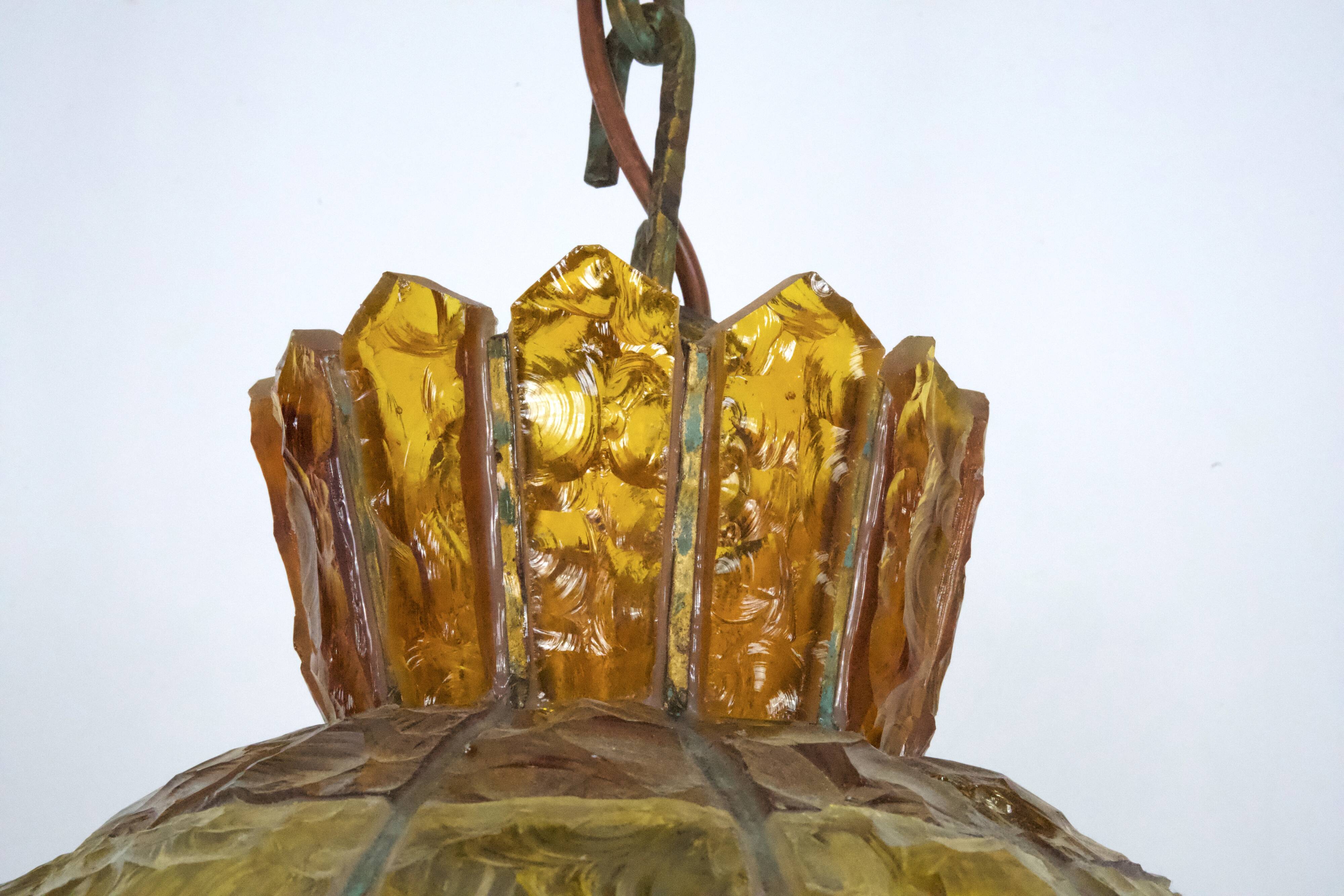 Brutalist Hammered Glass Chandelier by Longobard, Italy, 1970s