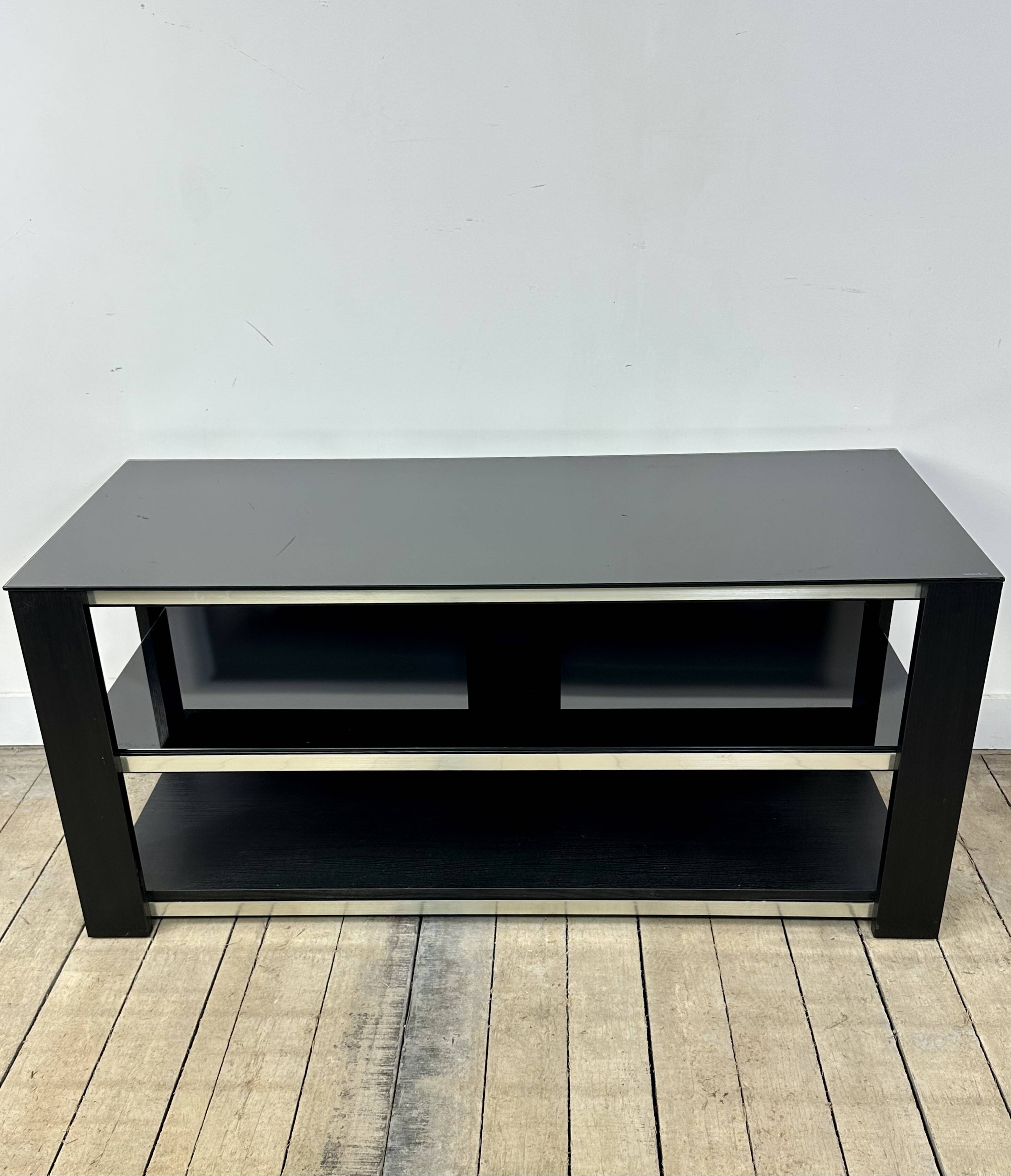 Tv hi-fi unit in black melamine and brushed aluminium, vintage 80s.