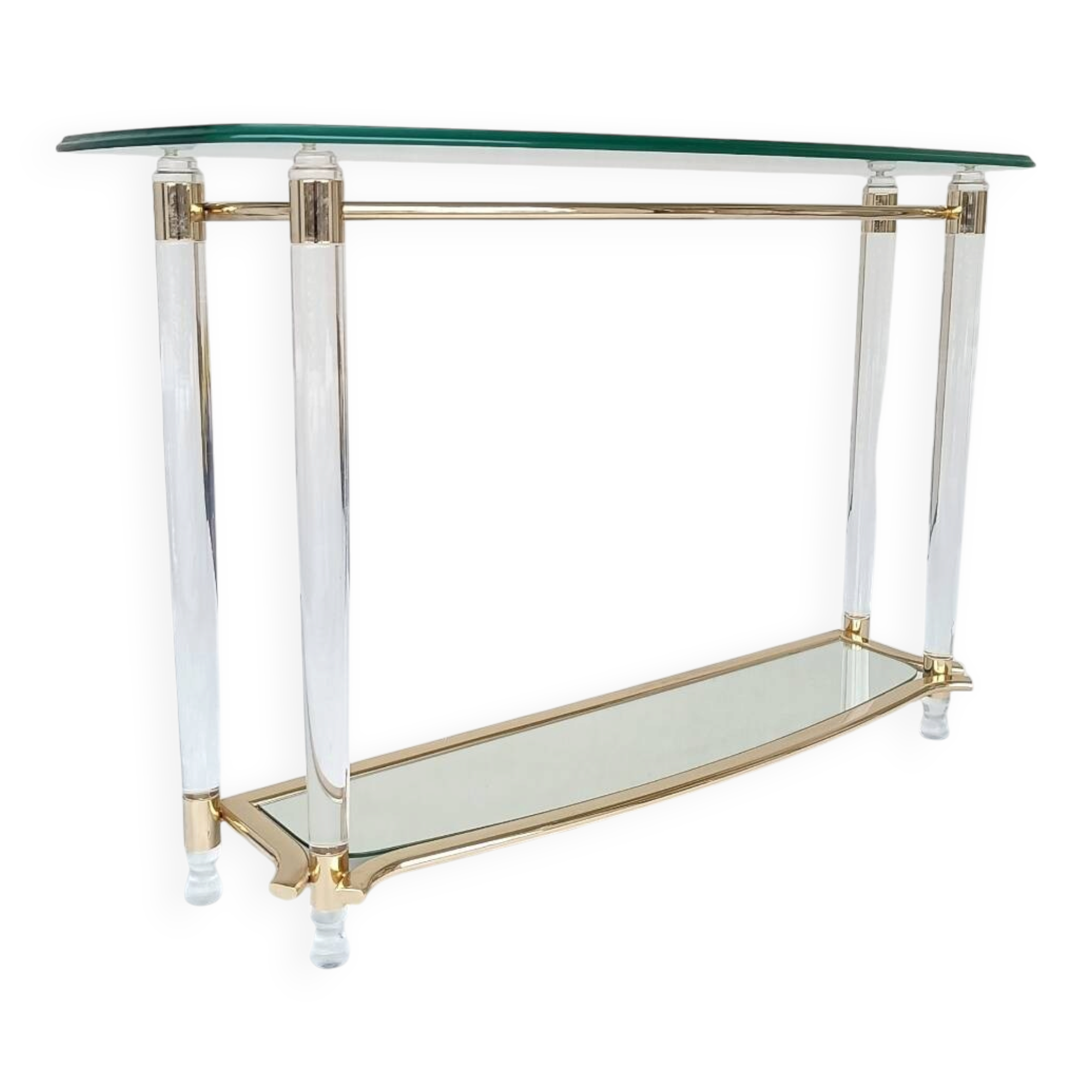 Hollywood Regency console table in lucite, glass and gold metal. 1980s