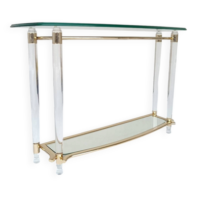 Table console Hollywood Regency en lucite, verre et métal doré. Années 1980.