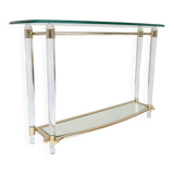 Hollywood Regency console table in lucite, glass and gold metal. 1980s