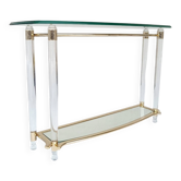 Table console Hollywood Regency en lucite, verre et métal doré. Années 1980.
