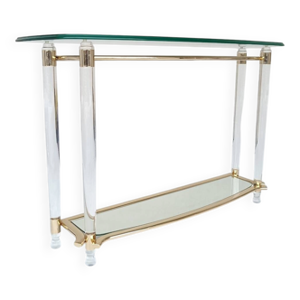 Hollywood Regency console table in lucite, glass and gold metal. 1980s