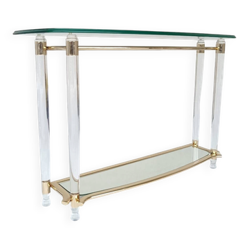 Table console Hollywood Regency en lucite, verre et métal doré. Années 1980.