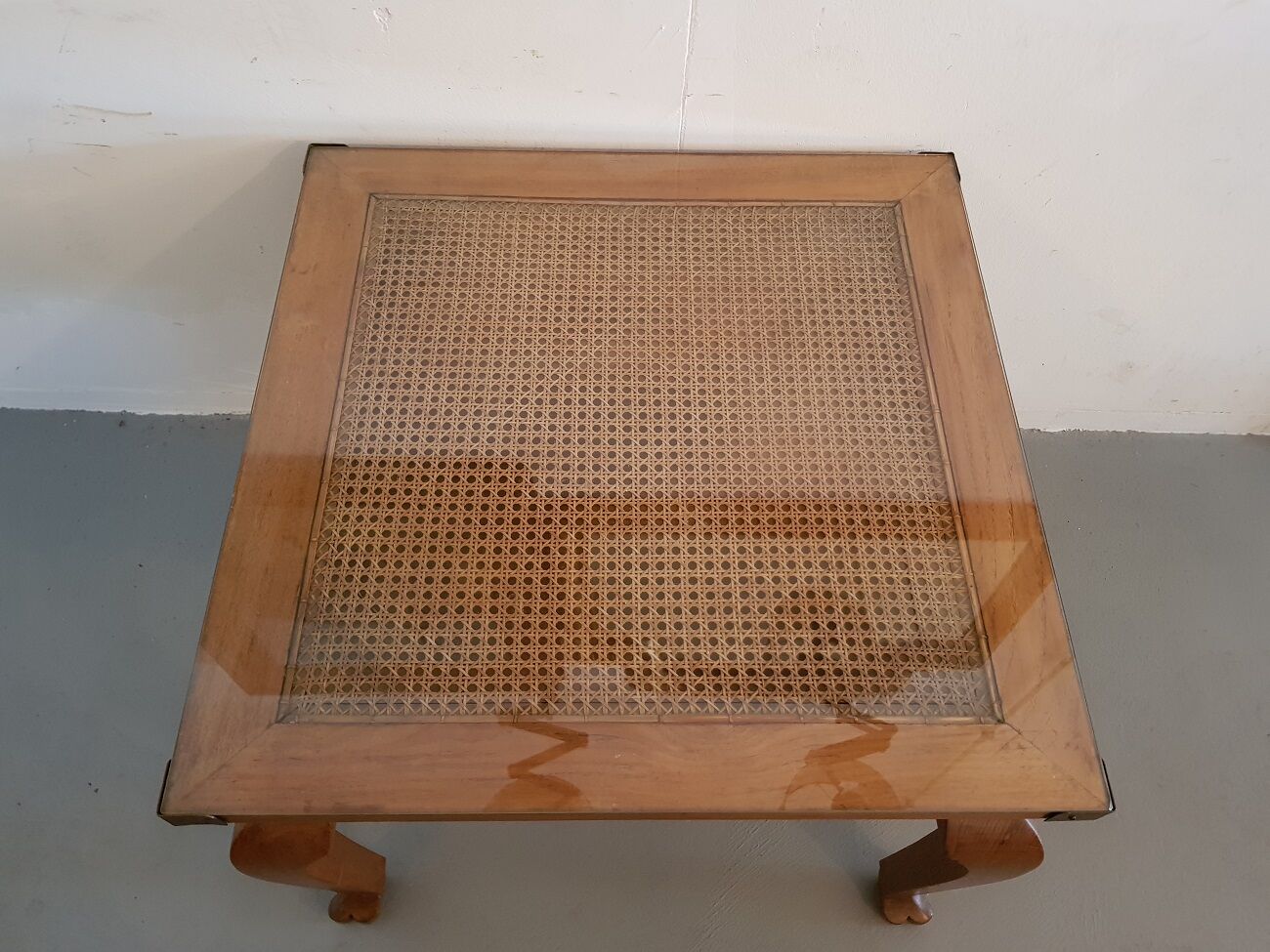 20th century colonial style teak wood coffee table with webbing