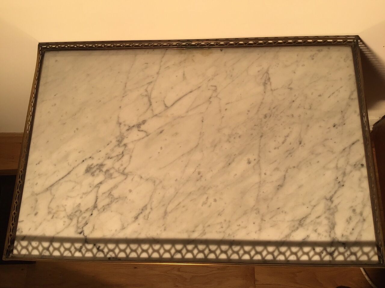 Louis XVI style side table in mahogany and white marble tray.