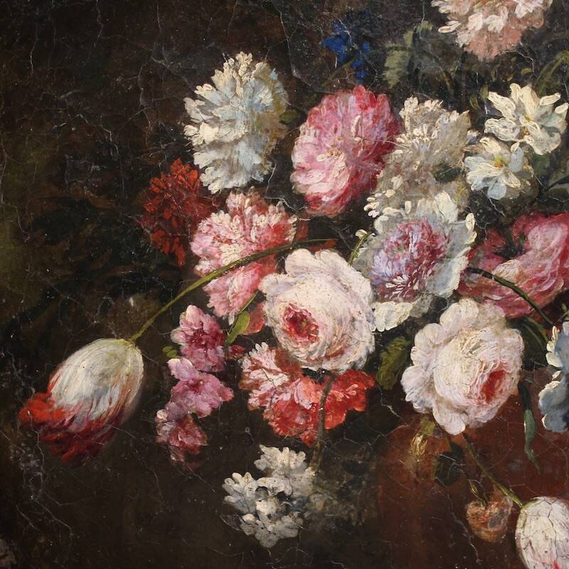Peinture de nature morte ovale italienne antique du XVIIIe siècle