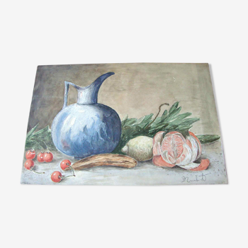 Ancient fruit watercolor and blue pitcher