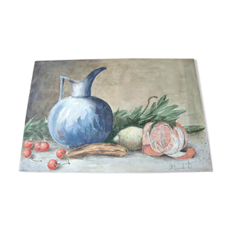 Ancient fruit watercolor and blue pitcher