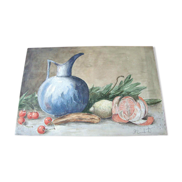 Tableau ancien fruits et pichet bleu
