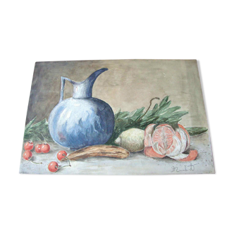 Tableau ancien fruits et pichet bleu