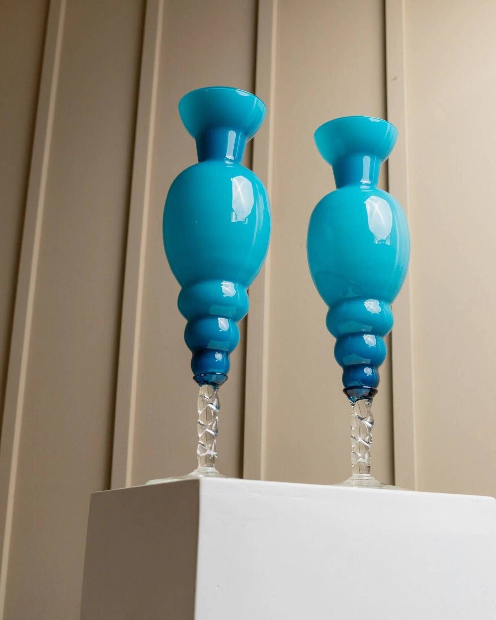 Azure Blue Murano Glass Vase XL, Fluted Beaded Silhouette, 1960s Hollywood Regency