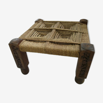 Ottoman stool wood and rope vintage 1970