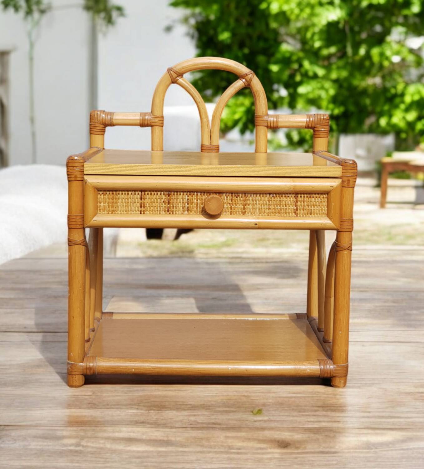 Vintage rattan bedside table with drawer