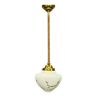 Longue suspension Art déco en verre marbré et laiton, Allemagne années 1930, restaurée