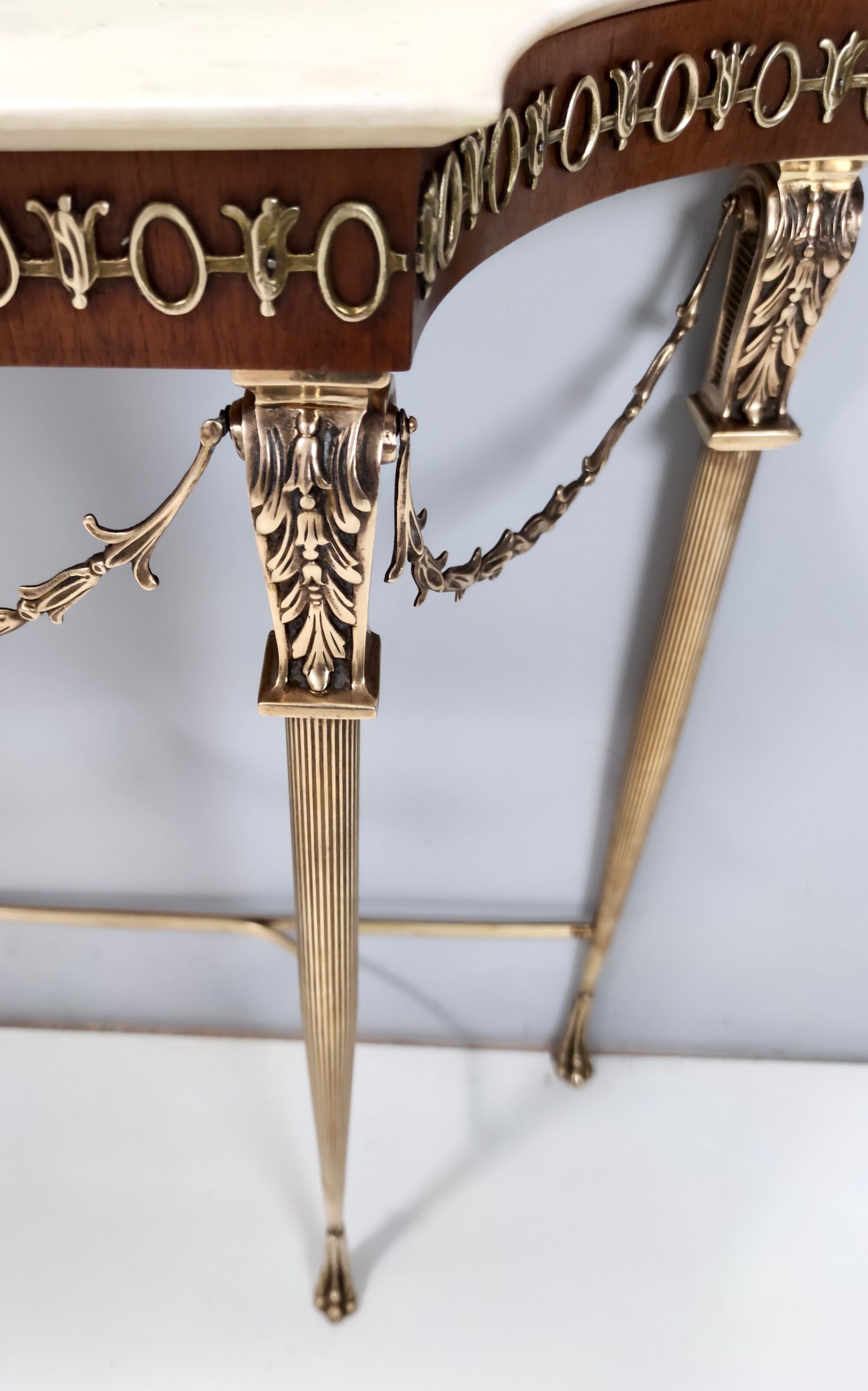 Vintage walnut console with a portuguese pink marble top and brass frame, italy