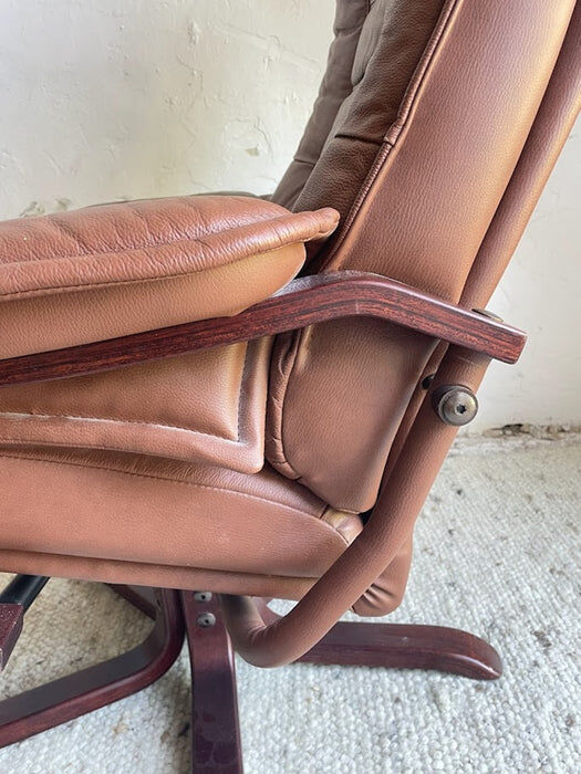 Scandinavian brown leather recliner lounge chair with ottoman, circa 1990