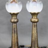 1940s Pair of Italian Restored Brass Table Lamps with Glass Shades