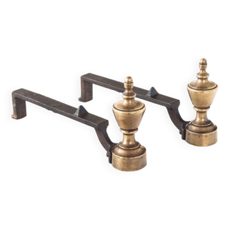 Pair of antique andirons. Wrought iron and brass. France, 1940s