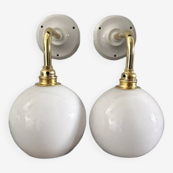 Pair of vintage white opaline wall lights