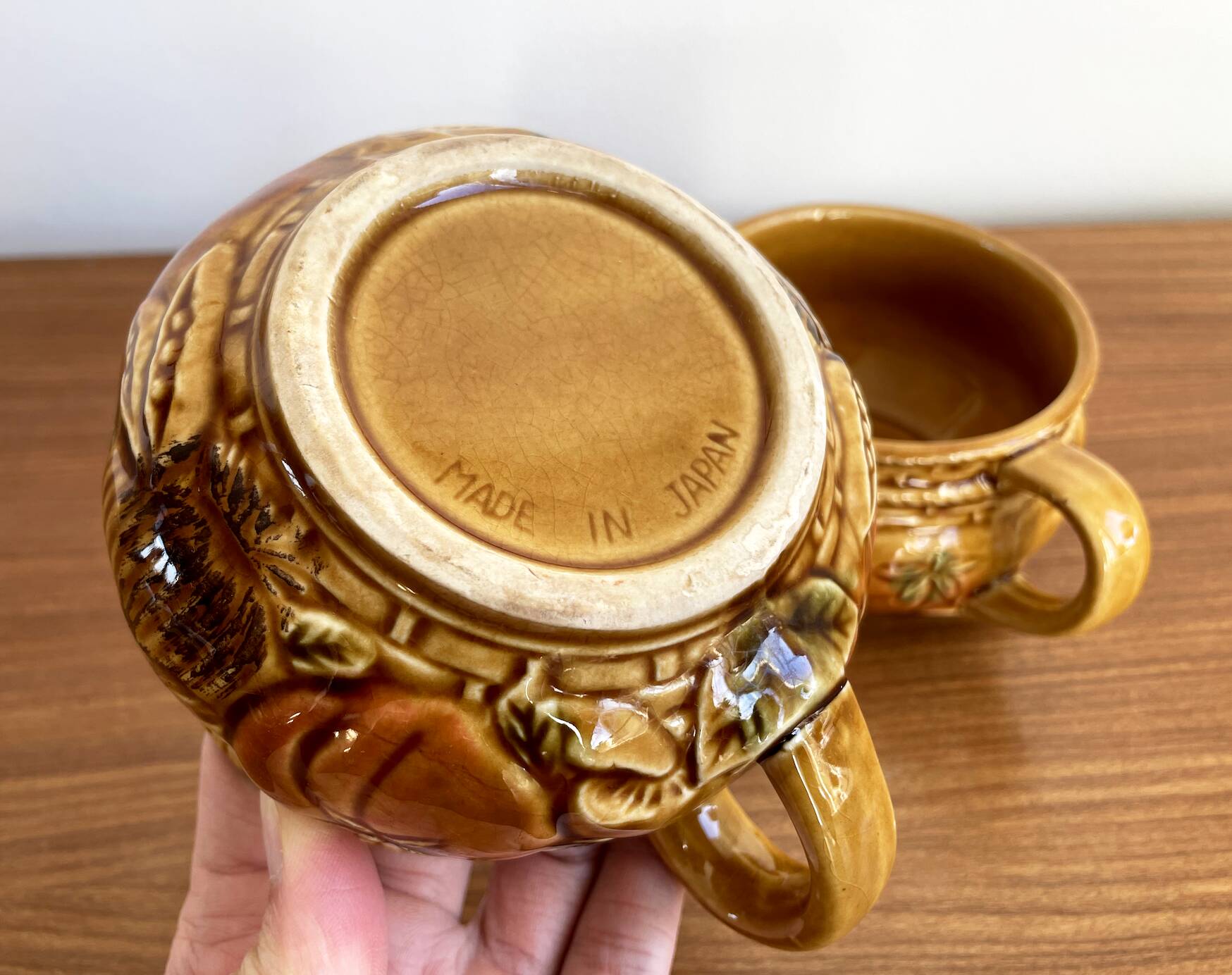 Pair of Japanese Majolica Soup Bowls Featuring Tomatoes and Onions