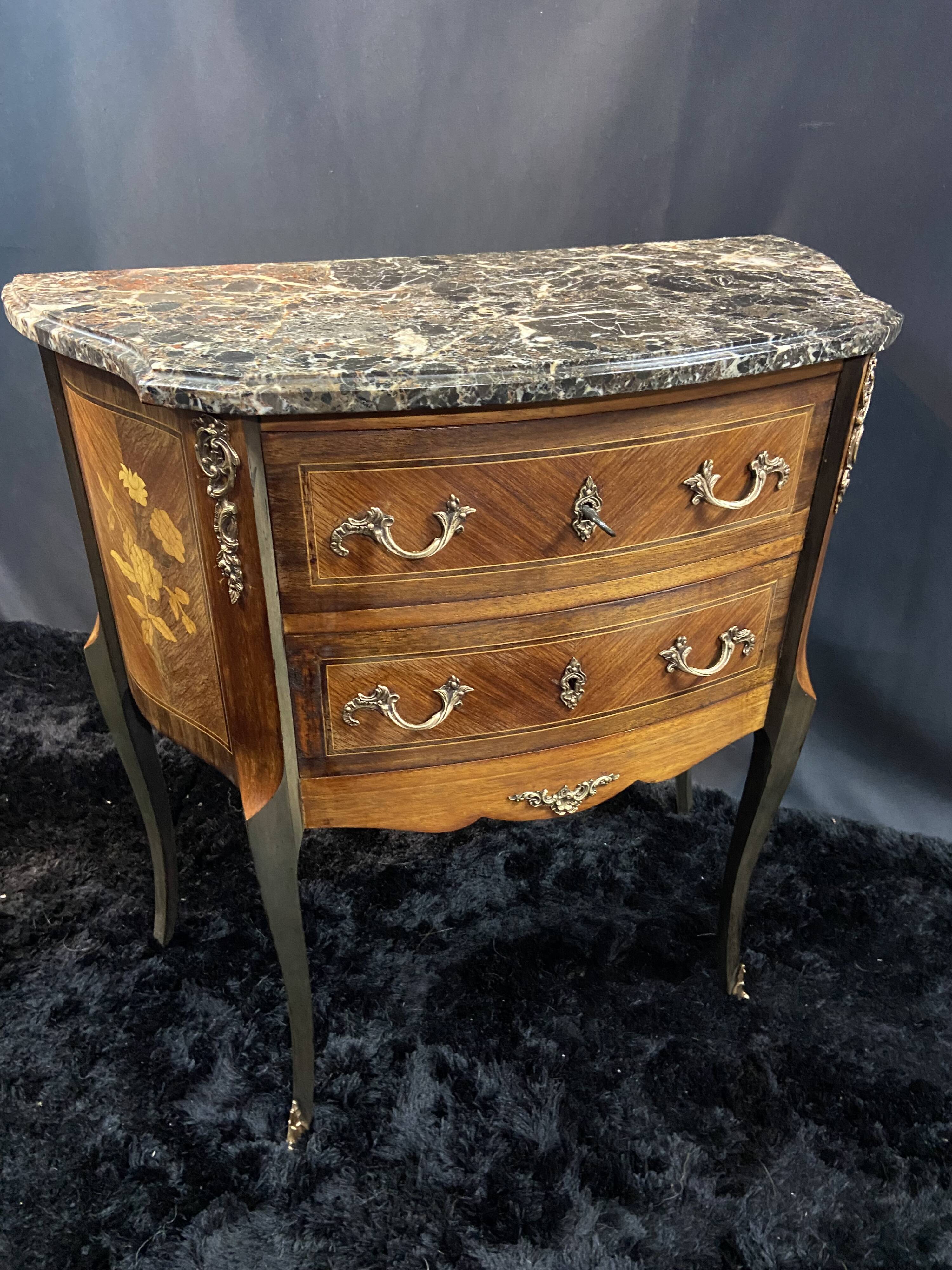 Small Louis XV style half-moon commode with marquetry and bronze decoration