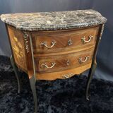 Small Louis XV style half-moon commode with marquetry and bronze decoration
