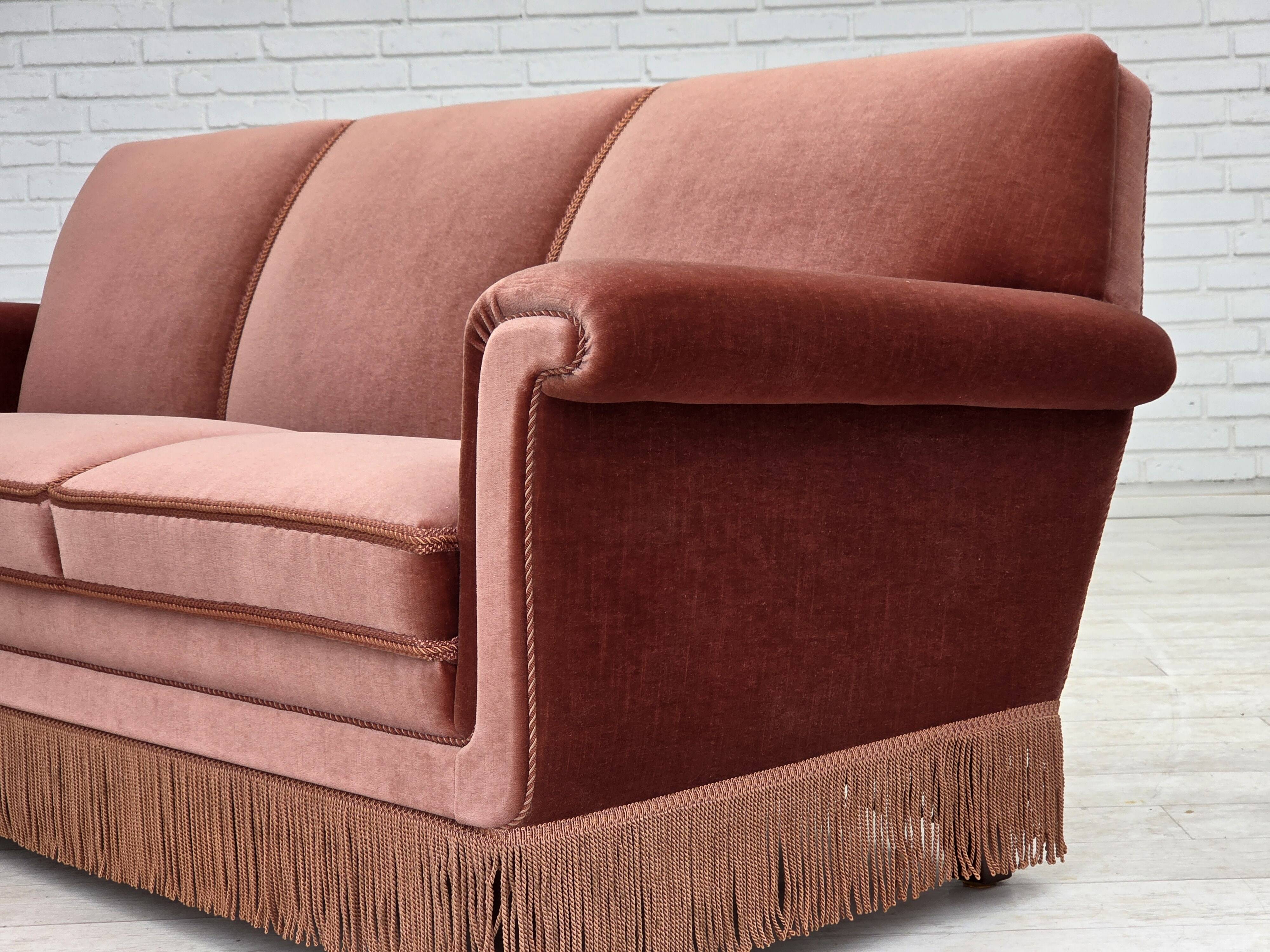 1970s, Danish 3-seater sofa, salmon pink furniture velour, beech wood.