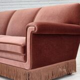 1970s, Danish 3-seater sofa, salmon pink furniture velour, beech wood.