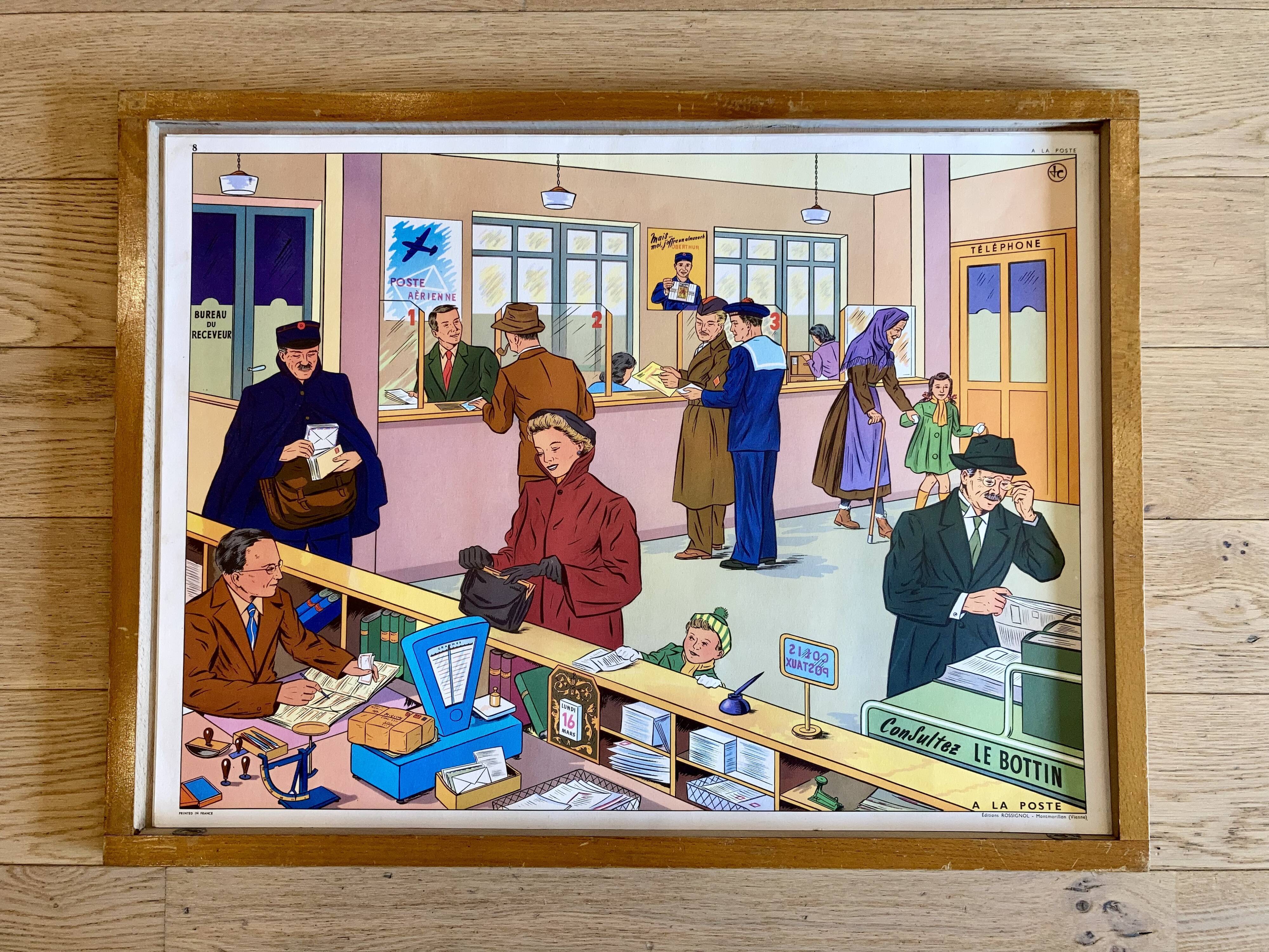 Educational poster elocution Rossignol vintage 60s - a snow day in the village and the Post Office