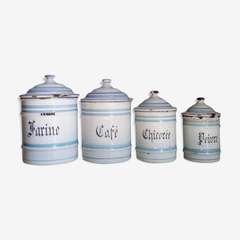 Série de pots à épices anciens en tôle émaillée