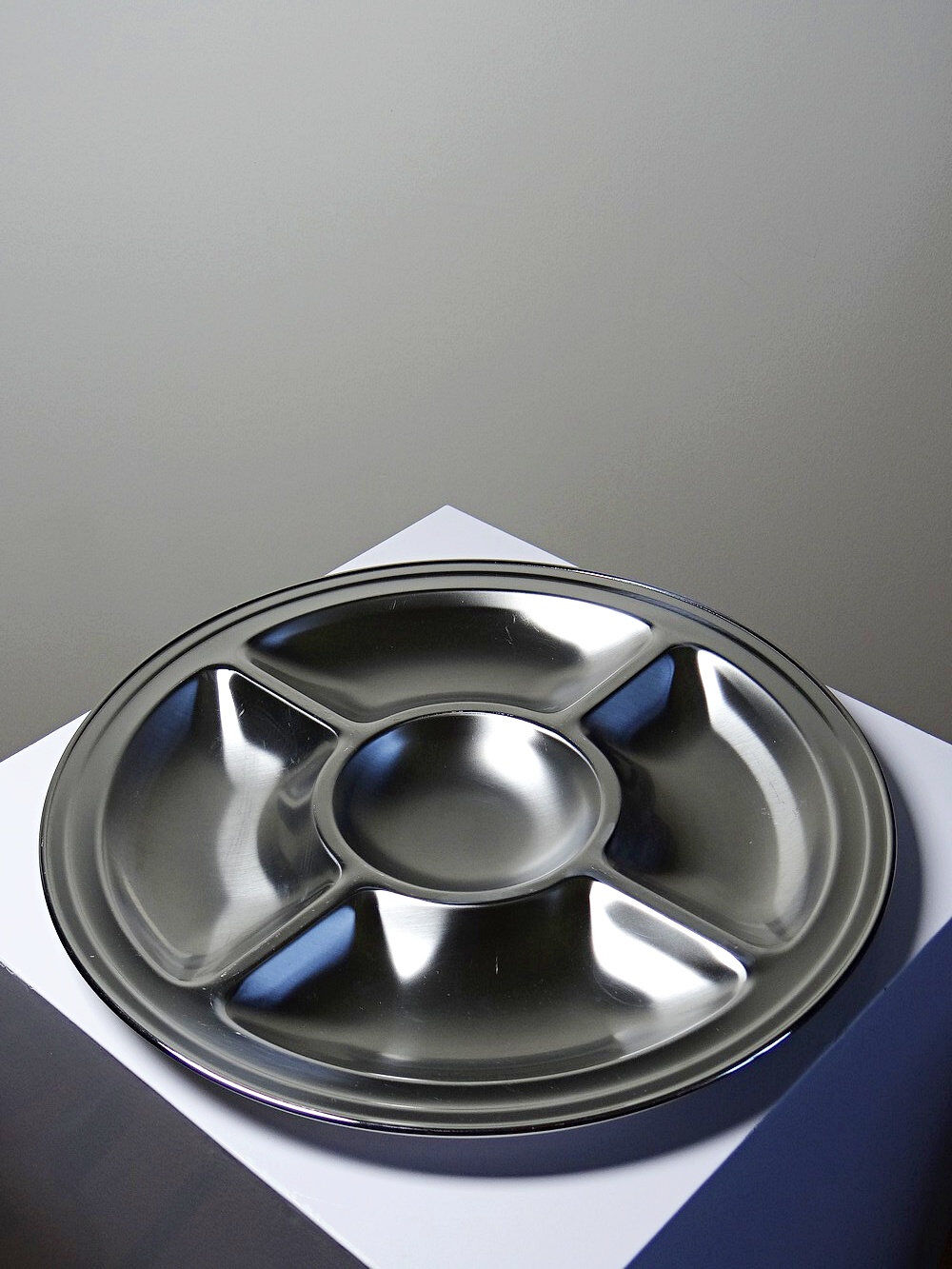 Large compartmented stainless steel hors d'oeuvre platter by Guy Degrenne, France, vintage.