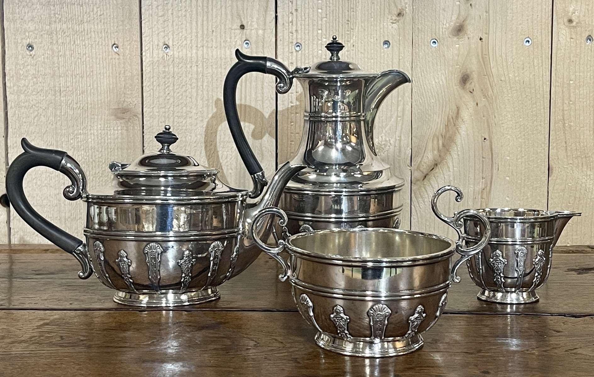 English tea and coffee set in silver metal early twentieth century with sugar bowl and milk pot